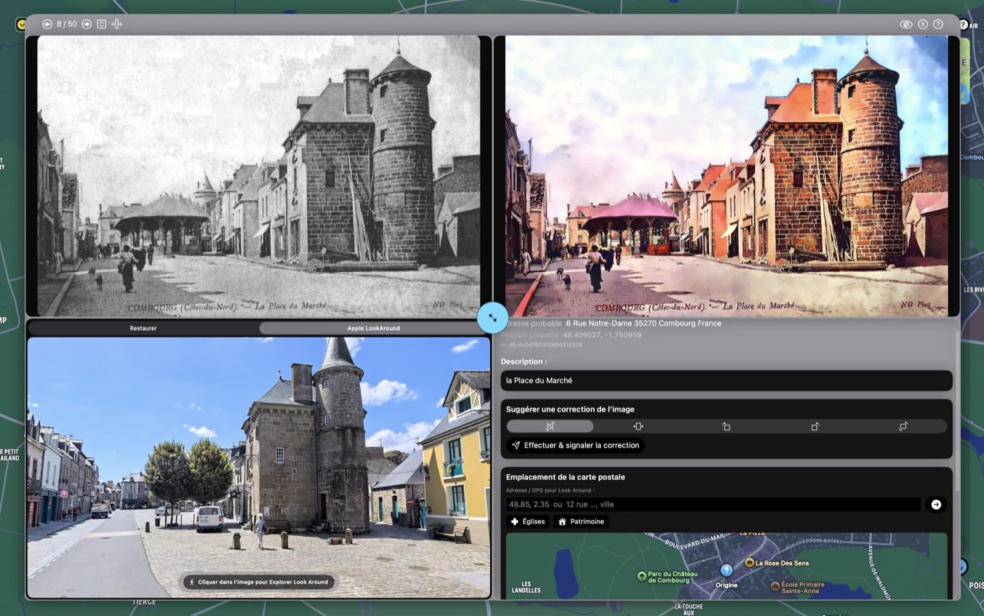 Comparaison d'une carte postale ancienne de la Place du Marché à Combourg avec la vue Apple Look Around du même lieu aujourd'hui